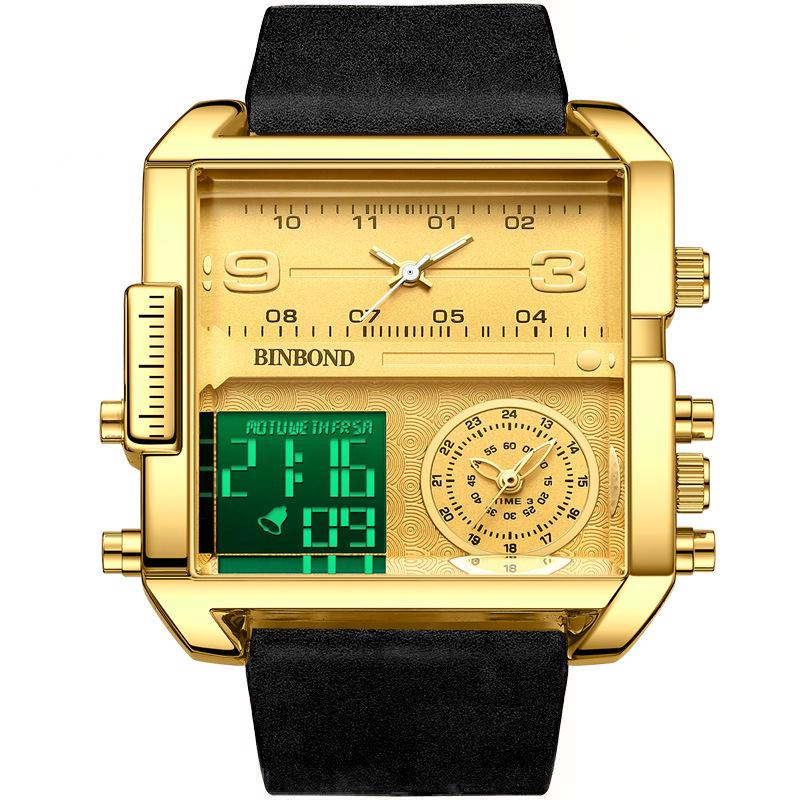 Binbang Fashion Men's Domineering Quartz Watch with Large Square Dial and Triple Display