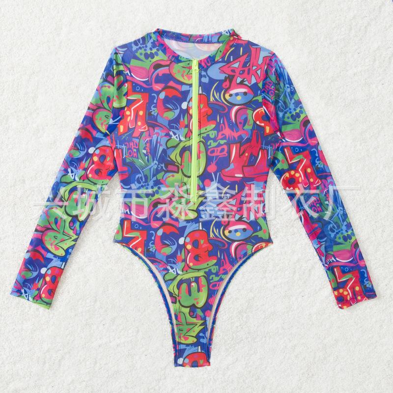 Women's Printed Mesh Zipper Long Sleeve One-Piece Swimsuit