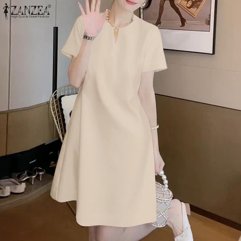 ZANZEA Women Casual V-Neck Solid Color Summer Short Sleeve Dress