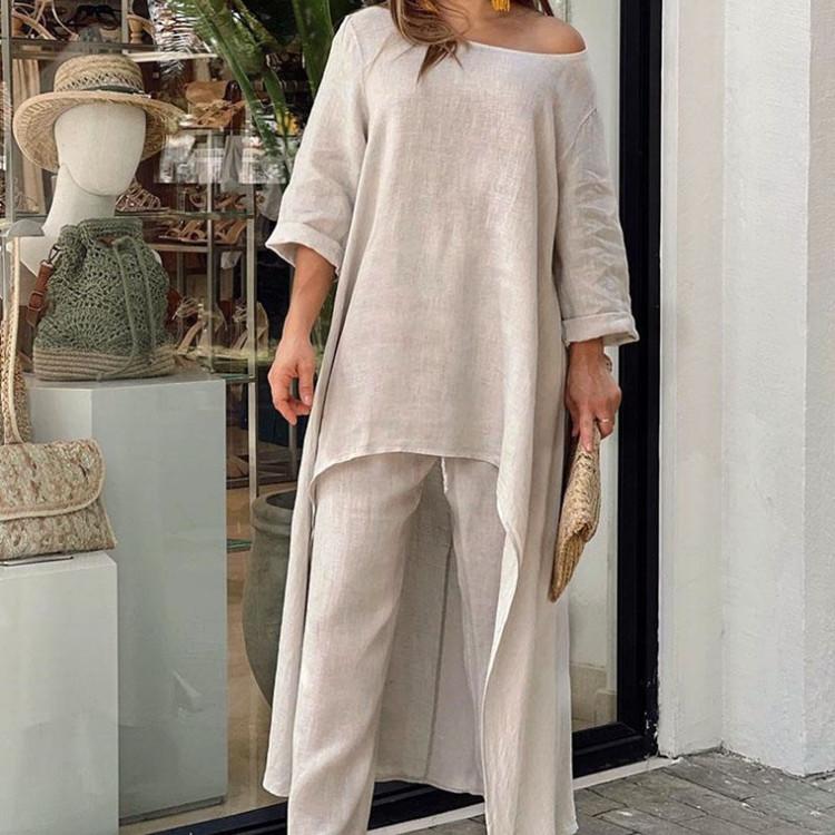 Summer Women Fashion Casual Cotton Linen Suit Irregular Long Sleeve Wide Leg Pants Two-piece Suit Plus Size