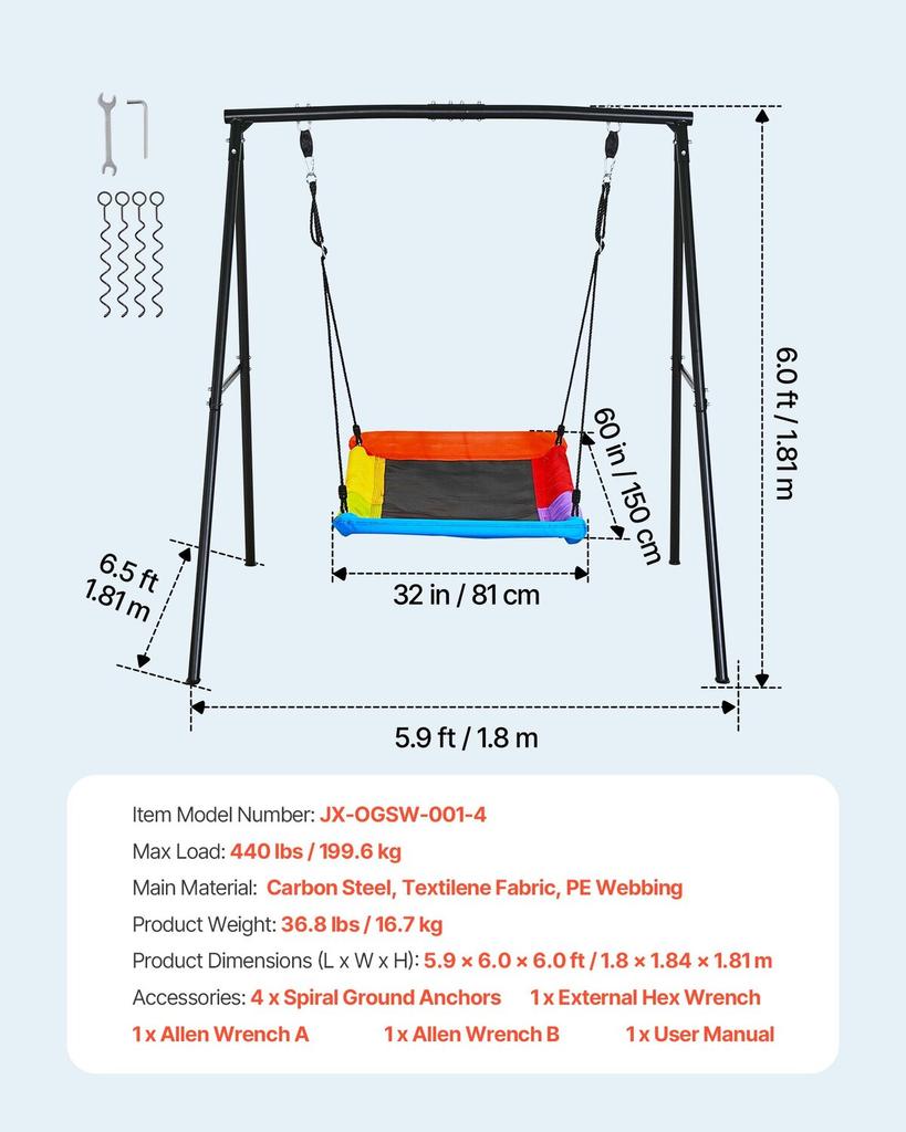 Swing Set for Backyard, 150 X 81 Cm Swing Seat with Heavy Duty A-Frame Metal Stand, 199.6 Kg Load Capacity, Reinforced with Spiral Ground Anchors,