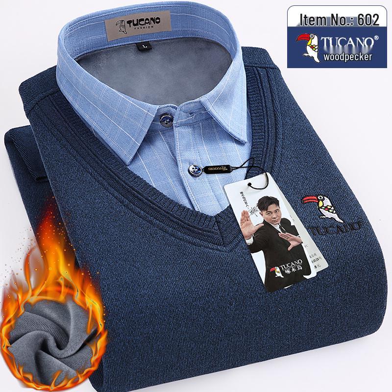 Woodpecker Men's Fleece-Lined Long Sleeve Two-in-One Thick Shirt Sweater for Dad