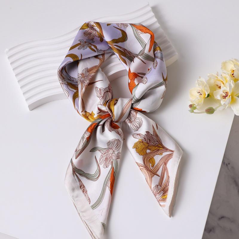 70cm Vintage Korean Style Silk Scarf: Versatile Faux Silk Neckerchief with Vintage Print for Women