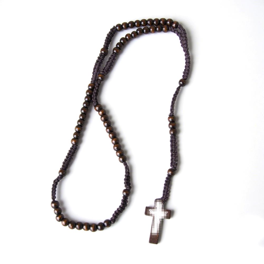 In Stock: Natural Wood Bead Cross Rosary Necklace - Hand-Woven Prayer Jewelry