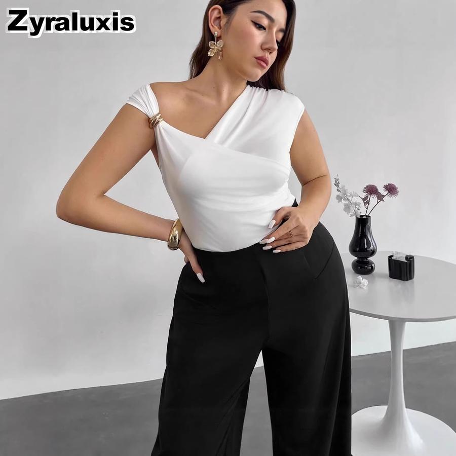 Summer Elegant Fashion Metal Buckle Decoration Sleeveless Solid Color Vest S белый
