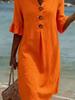 Summer New Cotton Linen V-Neck Buttoned Ruffled Sleeve Dress for Women