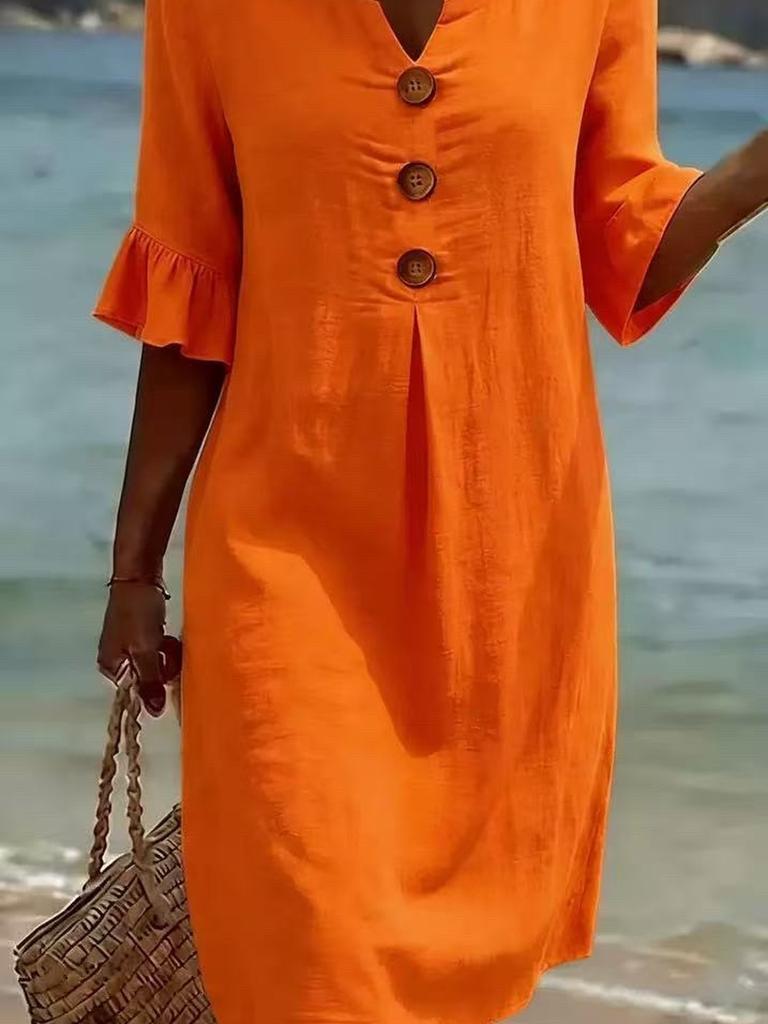 Summer New Cotton Linen V-Neck Buttoned Ruffled Sleeve Dress for Women