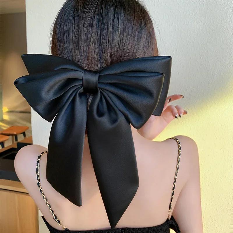 

Satin Large Bow Headband High-end Feel Black Hair Clip At The Back of The Head Hair ASolid Color Ponytail Clip Hair Accessorie