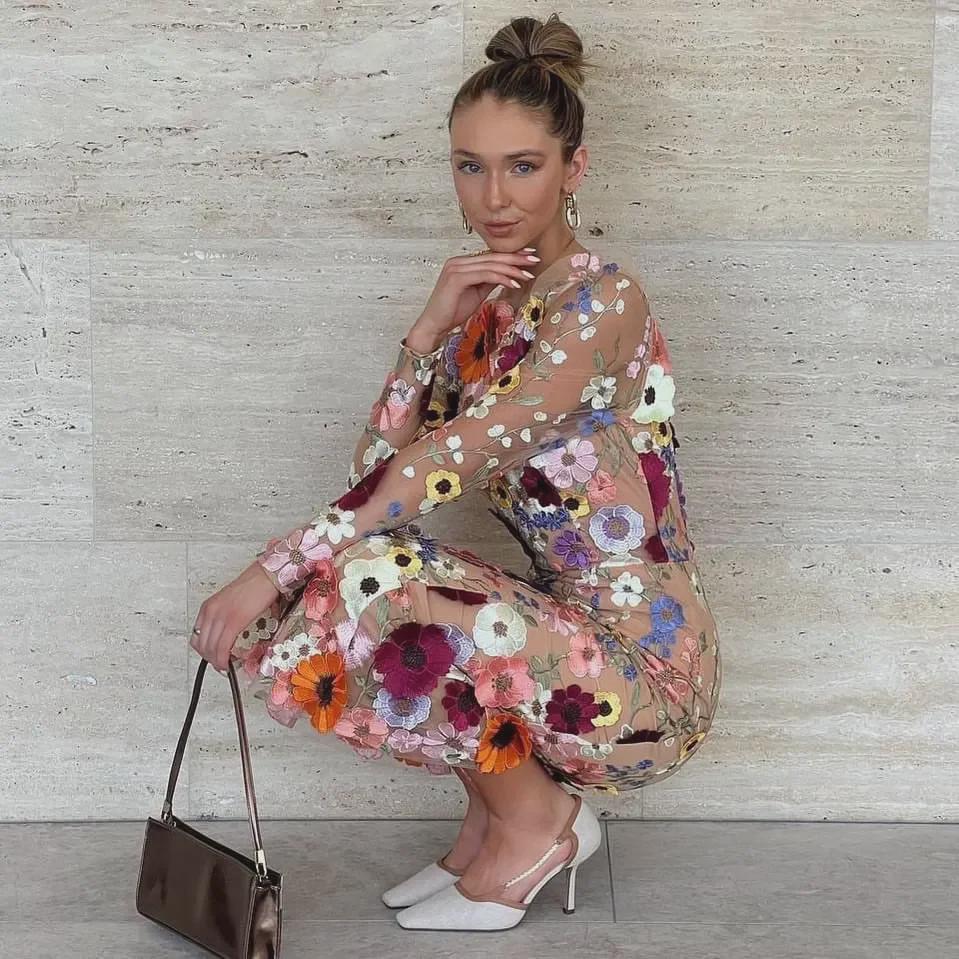 Colorful 3D Floral Embroidery Mesh Fishtail Dress - Spring/Summer