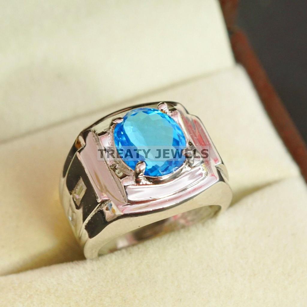 Blue Topaz Oval Cut Gemstone With 925 Sterling Silver Ring For Men's #A872 JL375669019220
