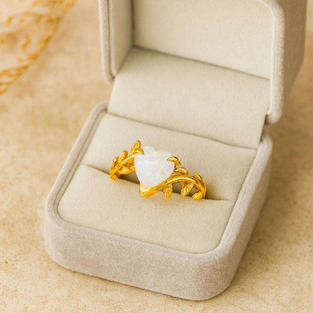 Heart Opal Twig Ring – Leaf Vine Band – Romantic October Birthstone Jewelry - Yellow Gold Plated 925 Sterling Silver Ring Gift