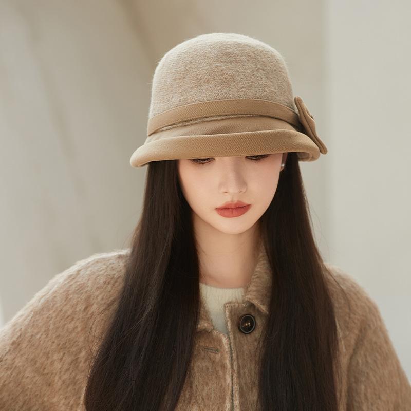 Pălărie Doamnă Toamnă și Iarnă Temperament Retro Pălărie Găleată cu Fundă Creponată