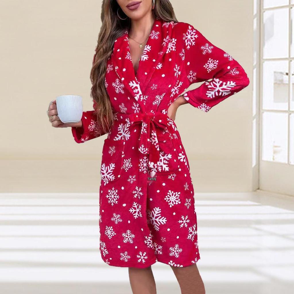 2025 Christmas Snowflake Print Thick Flannel Bathrobe Nightgown for Women
