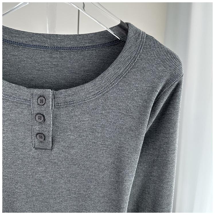Women Ribbed Round Neck Top Long Sleeve Slim Stretch Inner Outer Basic Daily Wear