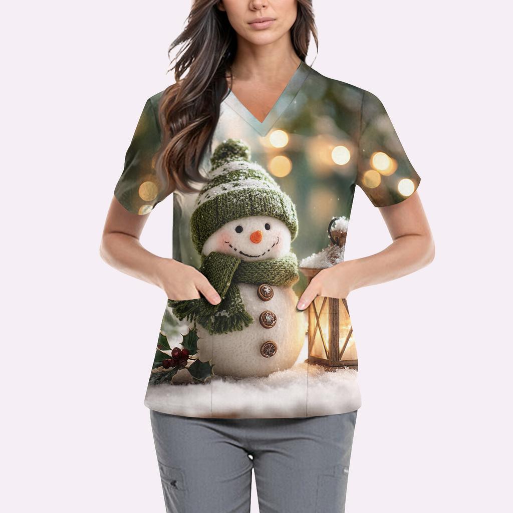 Women's Cute Printed Work Clothes V-neck Double Layer Pockets Basic Short Sleeve Top Pullover Valentines