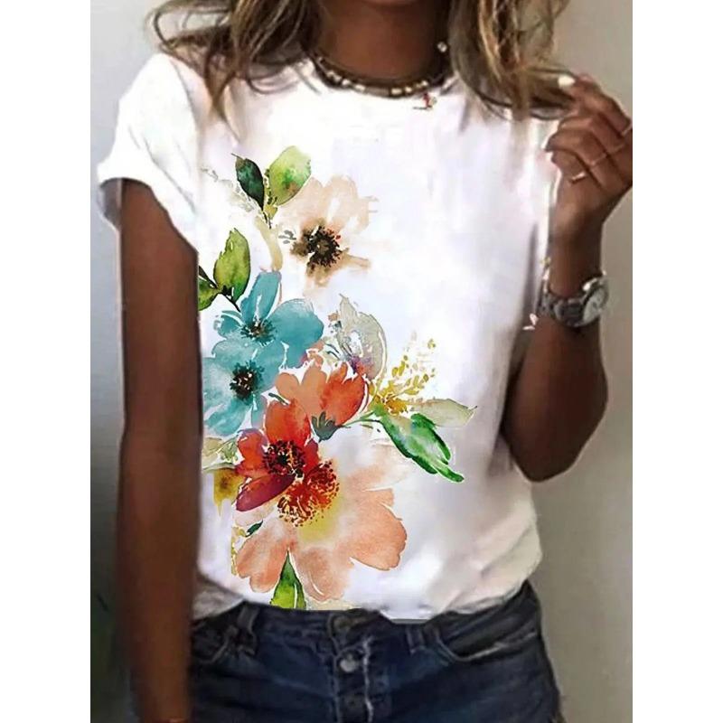 Summer Round Neck 3D Flower Print Top Fashionable Casual Short Sleeved Women's T-shirts