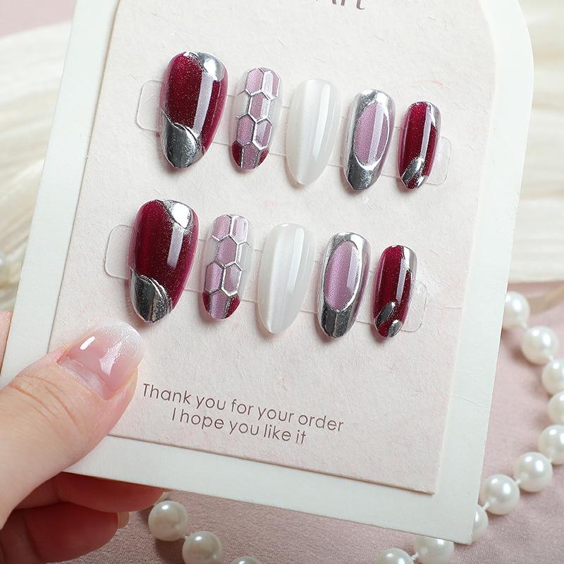 30-Piece High-End Cat Eye Gold Foil French Tips with Silver Edges and Red Apricot Plaid Design Nail Art Set
