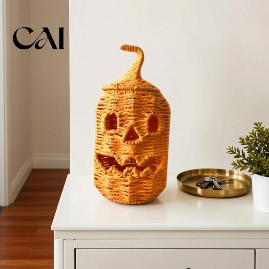 Boho Style Desktop Pumpkin Art Handwoven Lantern, Vintage Rustic Halloween Decor, Hollow Smile Versatile Window Display Props Face Storage Jar
