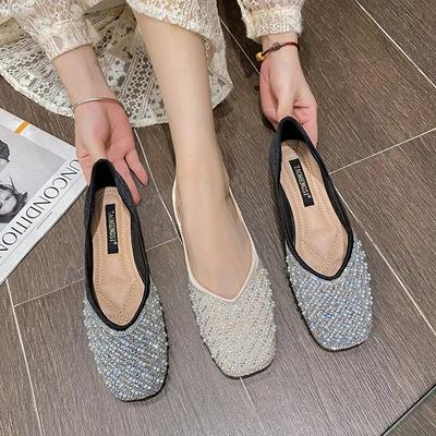 Women Casual Flat Shoes Spring Summer Girl Luxury Designer Round Toe Beautiful Crystal Pearl Fashion Slip-on Loafers 33-43