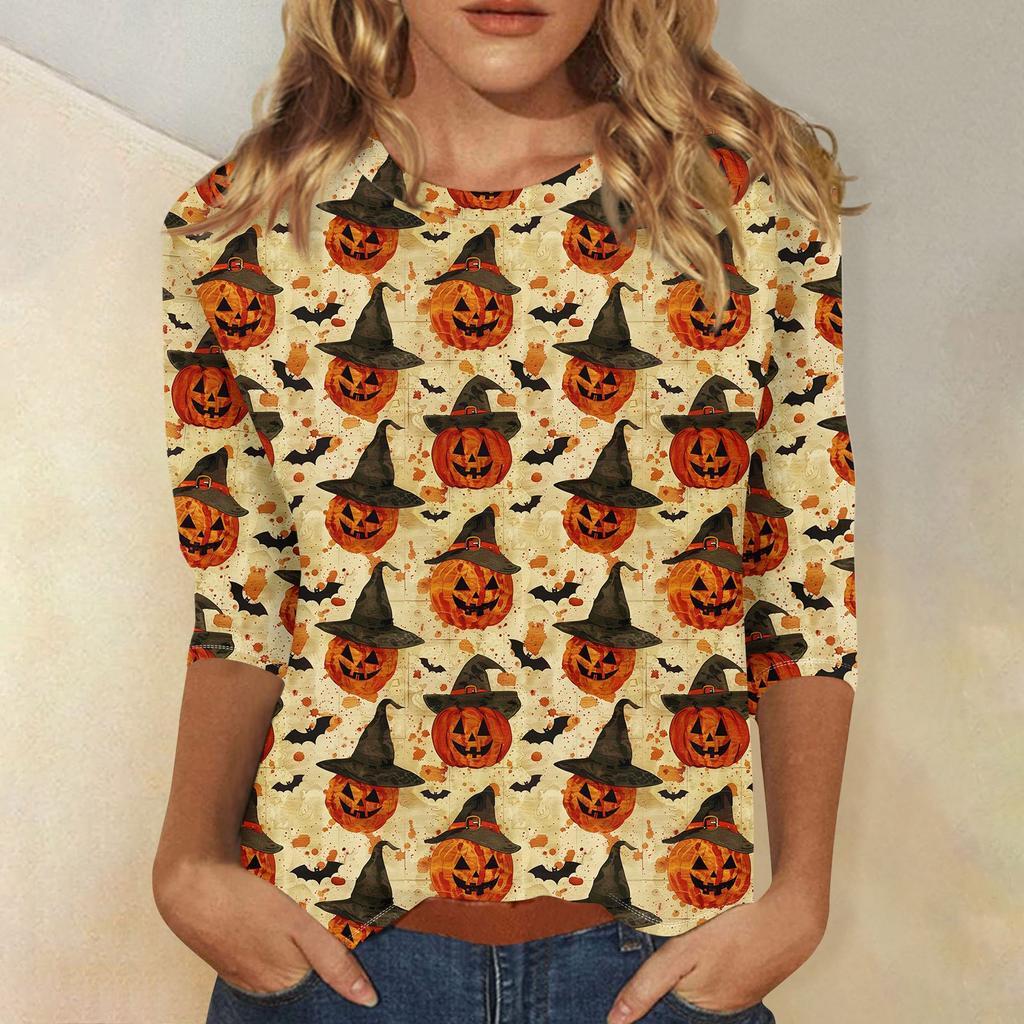 Women's Fashion Casual Round Neck 3/4 Sleeve Loose  Printed T-Shirt Ladies Top