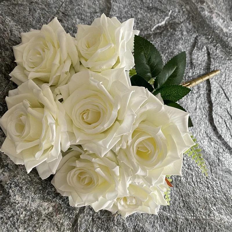 4pcs Silk Champagne Big Horn Roses Artificial Flower Auditorium Decoration Artificial 7-Head Lover Rose Bundle Fake Flowers