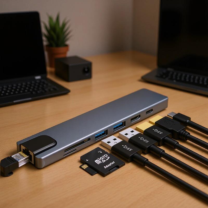 Type-C Multi-Port Hub: USB Splitter with HDMI, Ethernet, and Eight-in-One Docking Station.