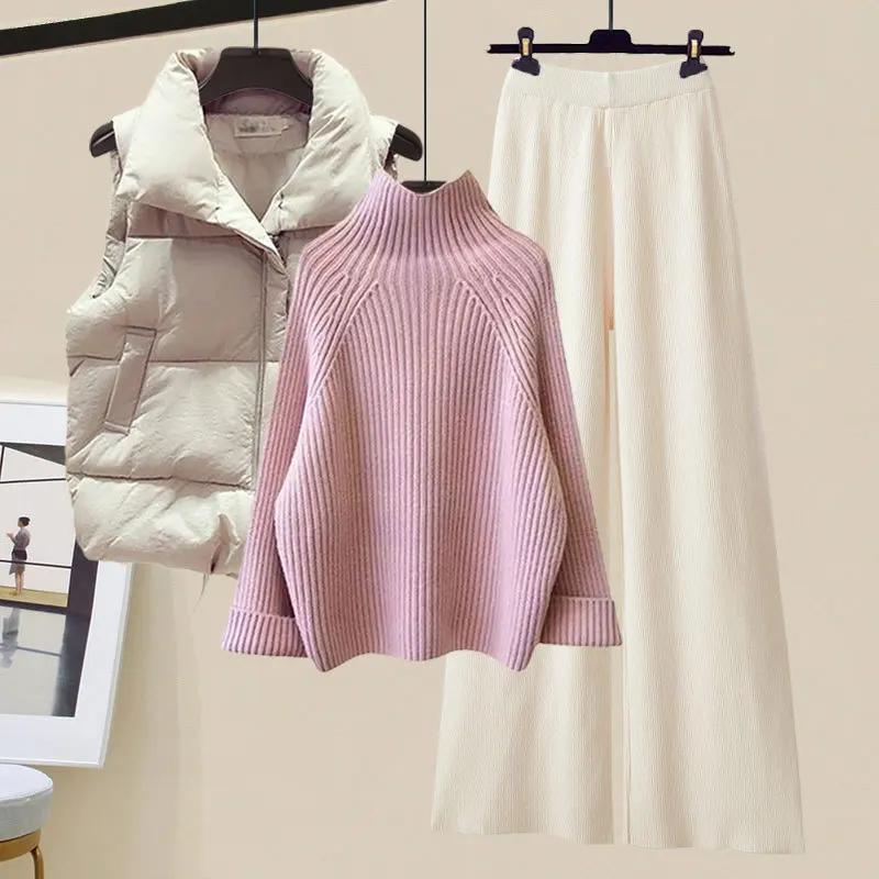 Women's Slimming Bell Bottoms Three-Piece Cotton Padded Coat Vest Polo/Turtle Neck Sweater Winter Wear