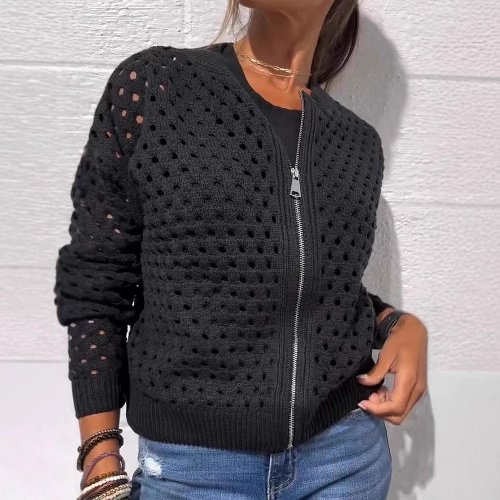 Women's Black Mesh Knit Cardigan with Zipper and Lace-Up Sleeve Detailing