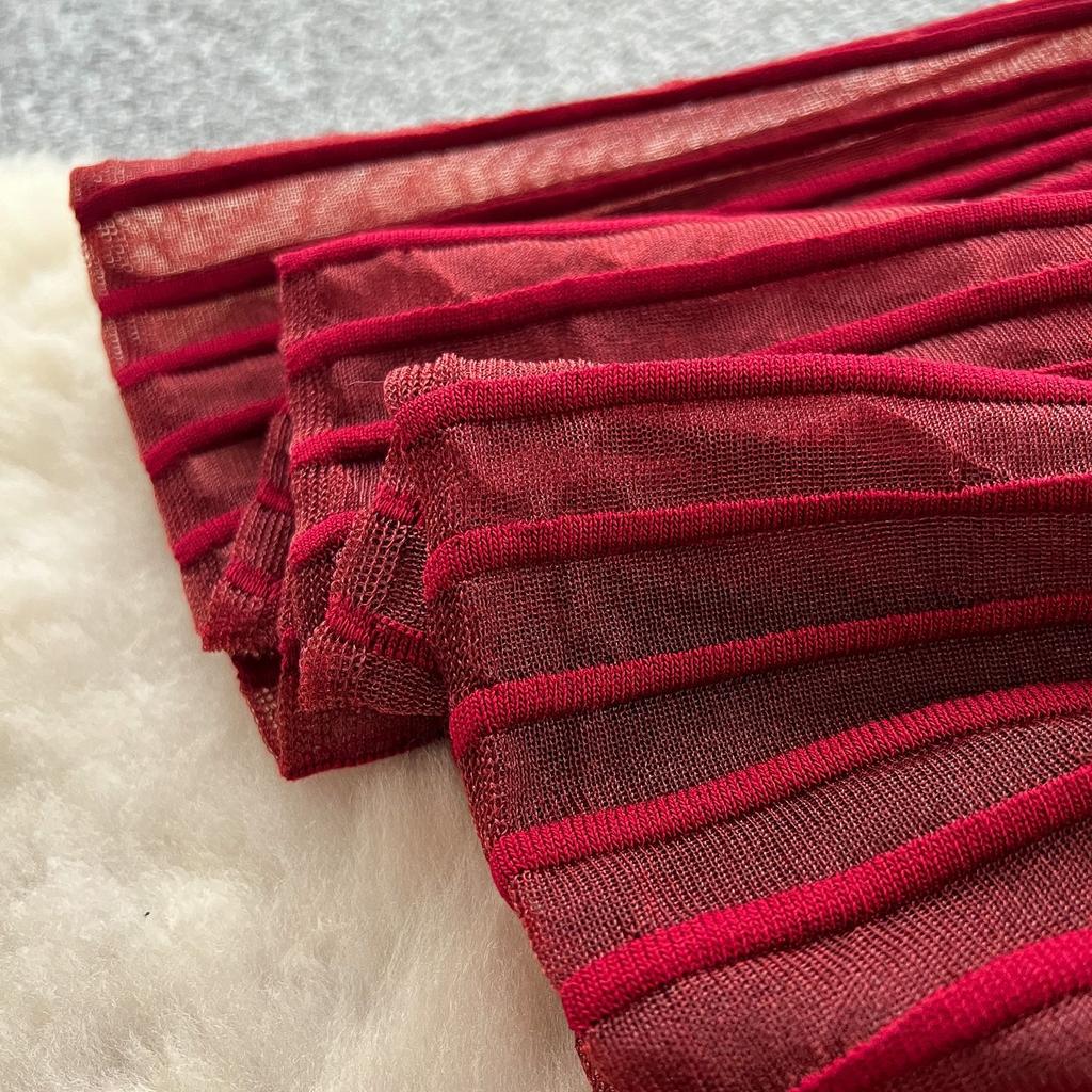 High-end Knitted Splicing Irregular Mesh Dress Women's Summer French Waist and Thin Temperament Sleeveless Long Dress