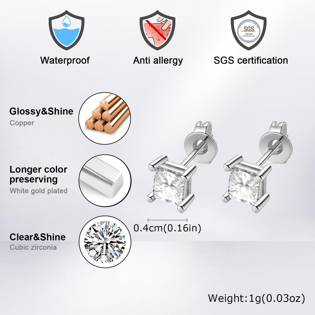 Dainty Square Zircon Stud Earrings for Men Women,4/5/6/7/8mm Width White Crystal Zircon Metal Stud Earring,Piercing Jewelry Gift