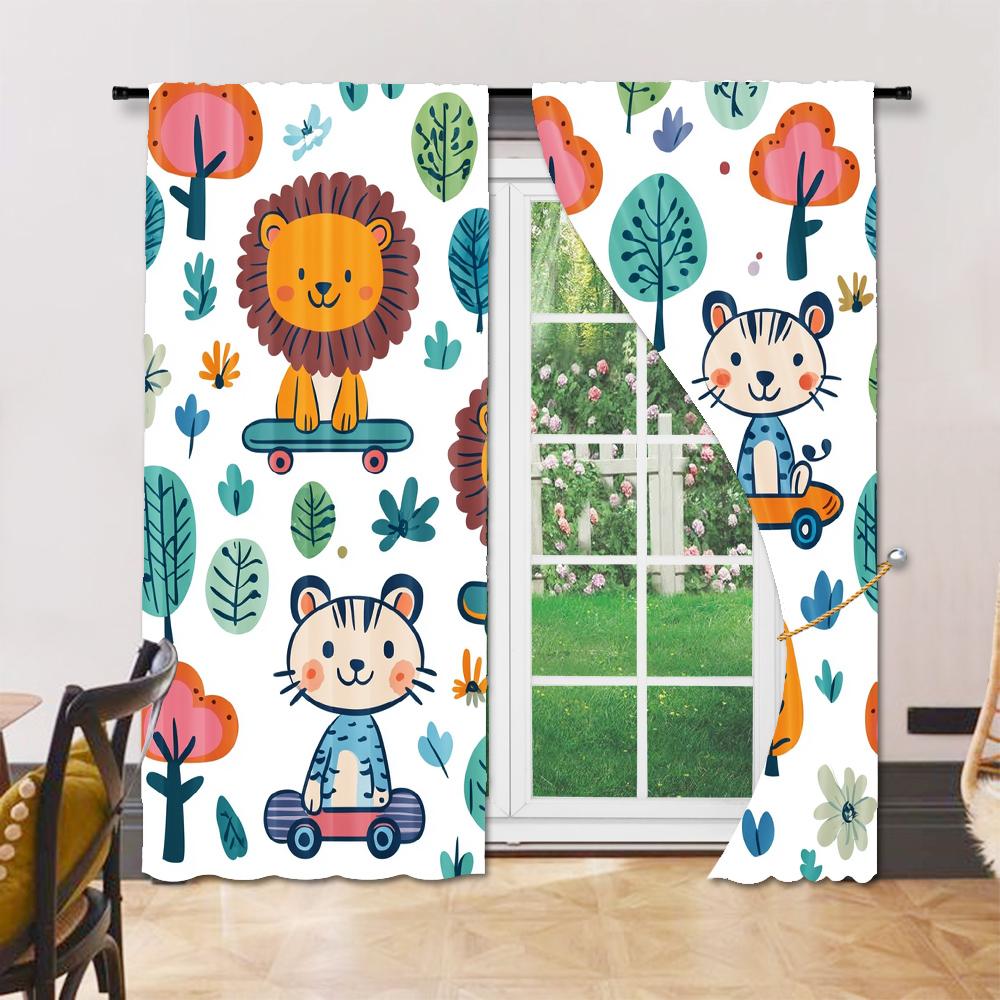 2 Pcs, Versatile Polyester Transparent Curtains for Home Decoration Cute Little Lion And Tiger Cartoon for Use In Bedrooms and