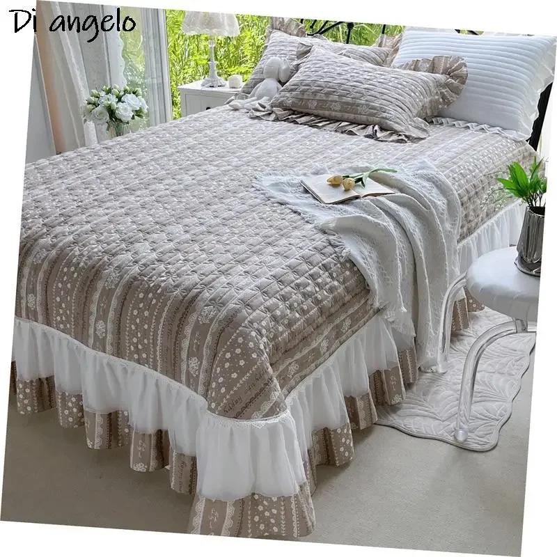 European Style Cotton Floral Wrap Around Ruffle Lace Bed Skirt Sheet Pillowcase Thickened Bed Cover Cotton Quilted Bedspread #/