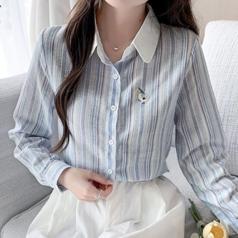 Navava Casual Stripe Embroidery Point Long Sleeve Shirt Nb3043