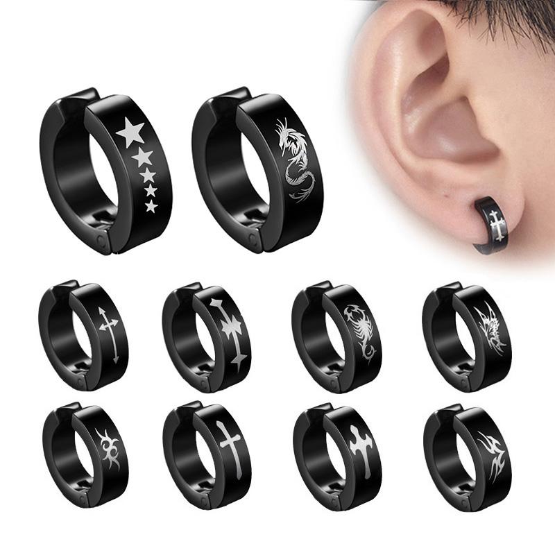 2pieces Punk Titanium Steel Ear Clip Earrings For Men Women Print Pattern Black No Pierced Fake Ear Circle New Pop Jewelry