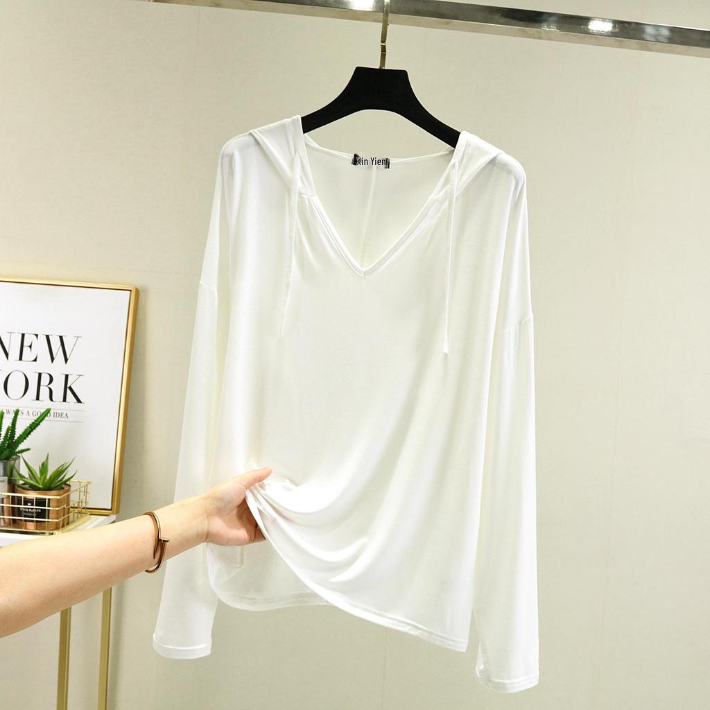 Plus Size Women's Long-Sleeve Modal T-Shirt - Hooded, Solid Color, Sun Protection, Lightweight for Spring/Summer