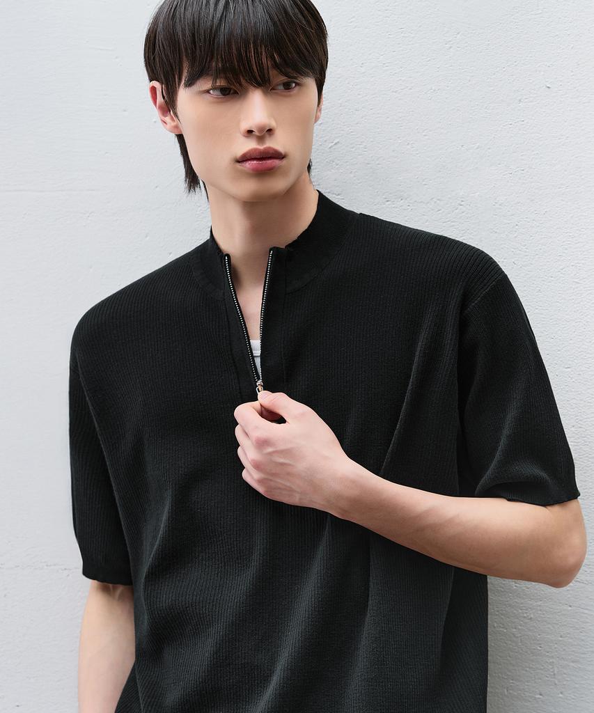 DRAW FIT Urbane Ribbed Half Zip Knit [Black]