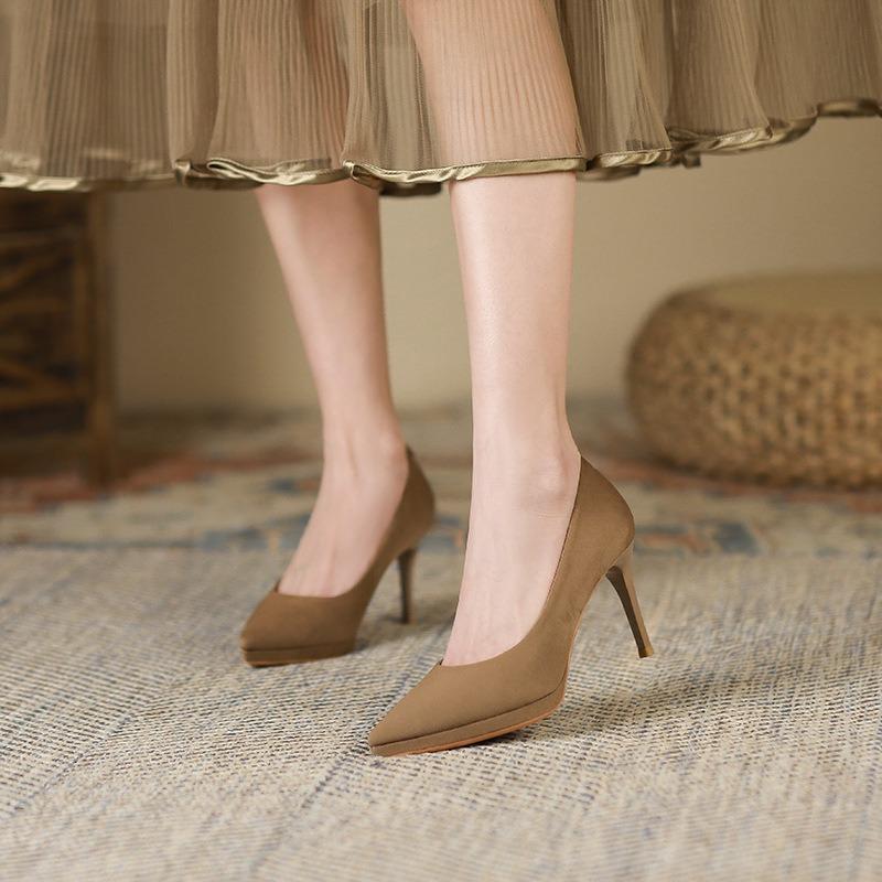 88- High Heels Women Autumn Suede Shallows Thin Heels Pointed Toe Single Shoes Waterproof Table Sexy Solid Color High Heels Women