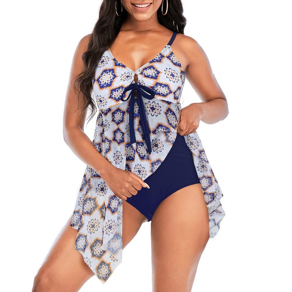 European and American Women's Swimwear Multi-color Printed Skirt Split Large Size High Waist Briefs Swimsuit