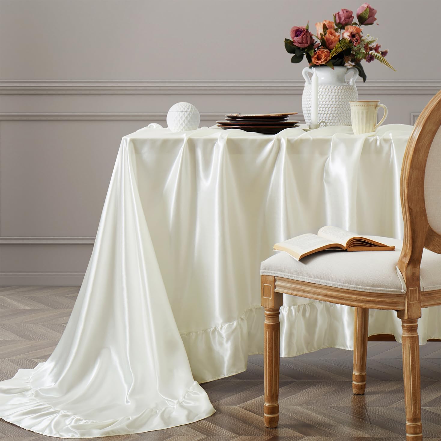 

Satin Ruffle Edge Tablecloth Silky Rectangle Table Cloth Farmhouse Silk Tables Cover Vintage Tablecloth for Party Kitchen Dining 180x100cm слонова кістка