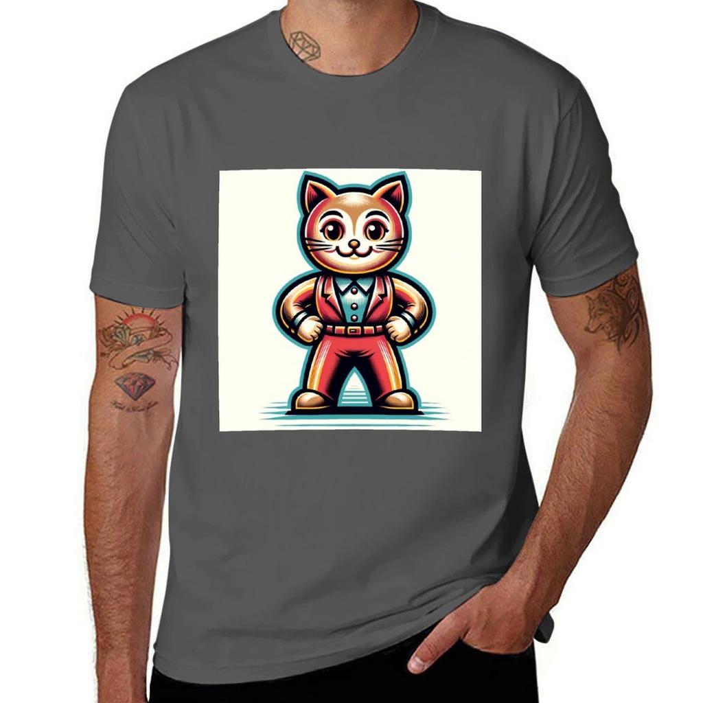 Vintage Cat Mascot Tshirt Odor Resistant Short Sleeve Top
