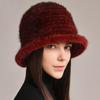 Woman Hat Winter Solid Mink Caps With Flower Mink Fur Hats New Russian Girl Soft Knitting Real Fur Bucket Hats
