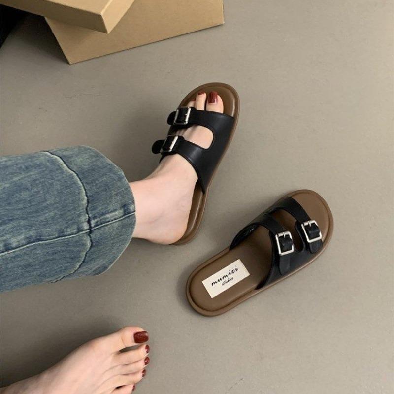 Luxury Women's Flat Slippers Adjustable Buckle Simple Sandals Fashion Trendy Beach Slippers for Women Home Mute Non-slip Sandals