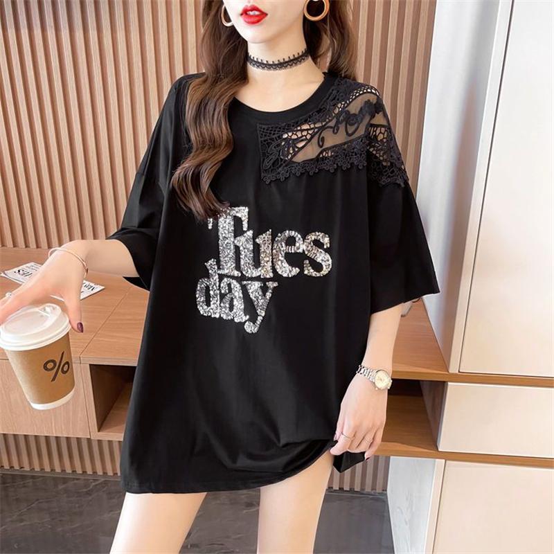 Women Korean Fashion Sexy Lace Patchwork Sequin Oversize T Shirt Summer Black White Short Sleeve Streetwear Tunic Tops Ropa