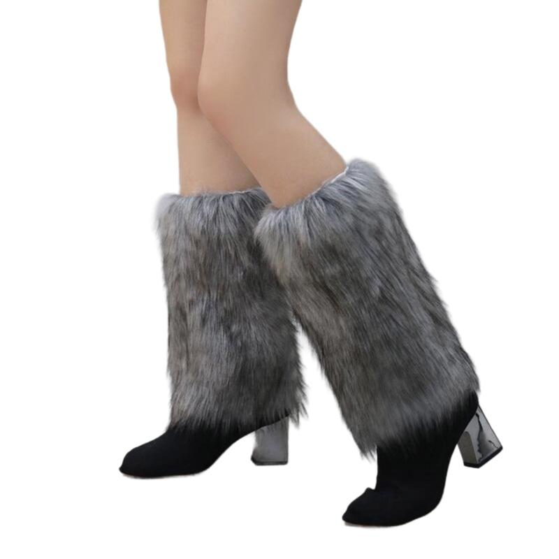 Women Winter Solid Color Plush Gray Leg Warmer Aesthetic Vintage Fuzzy Thickened Boot Cuffs Leg Gaiters Cover Long Socks