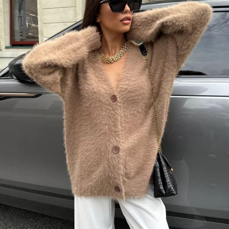 Женский вязаный повседневный кардиган осень-зима модный свободный свитер с V-образным — фото 11