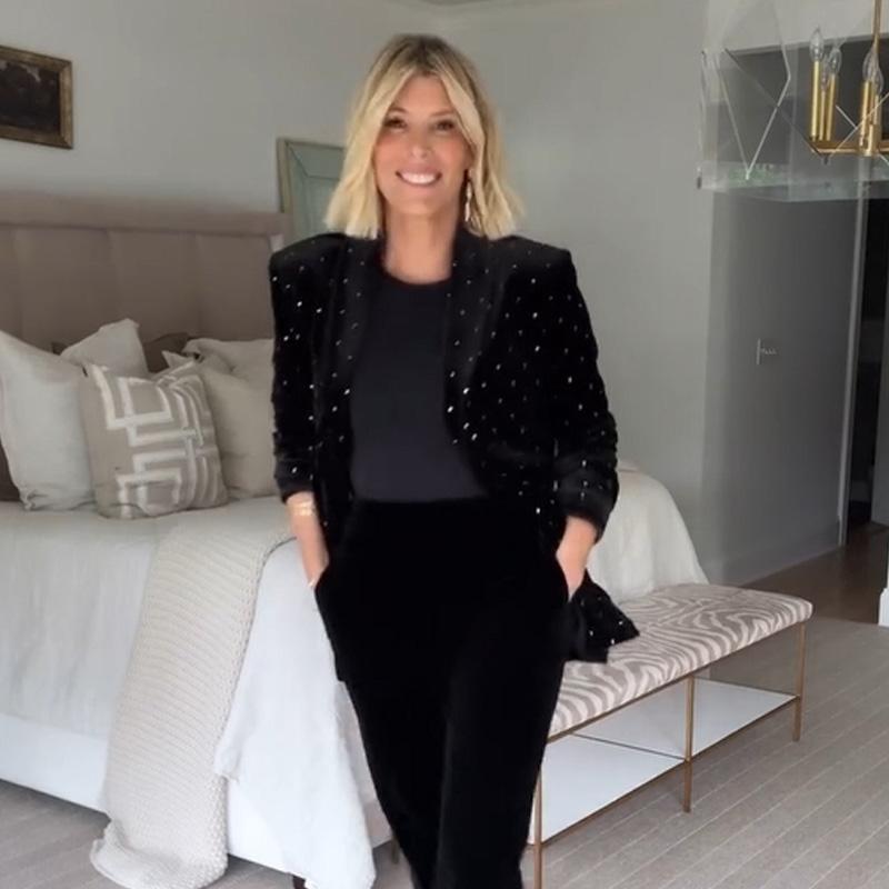 Velvet Diamond Decorated Black Blazer Woman Loose V-neck Suit Coat Fashion Casual Full Sleeve Solid Jacket Commute Spring Autumn