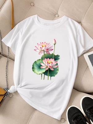 (Asiatische Größe) Blume Aquarell süß Damen Mode T-Shirt Top Kleidung T-Shirt Frau Druck Weiblich Kurzarm Grafik T-Shirts
