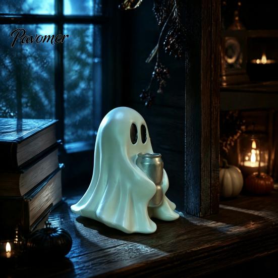 Decorative Resin Crafts Halloween Ghost Figurine with Drinks, Statue, Cute Spooky Desktop Seasonal Home Table Decorations Ornament for Party Tabletop