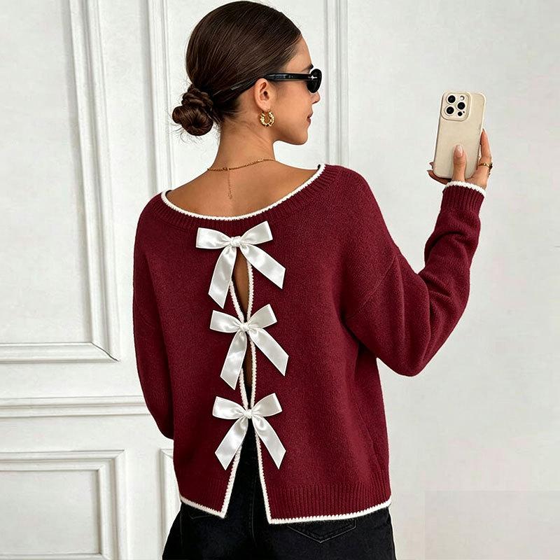 Europe and the United States cross-border autumn and winter women's sweater Amazon sexy fashion bow long sleeve pullover knitted sweater top women