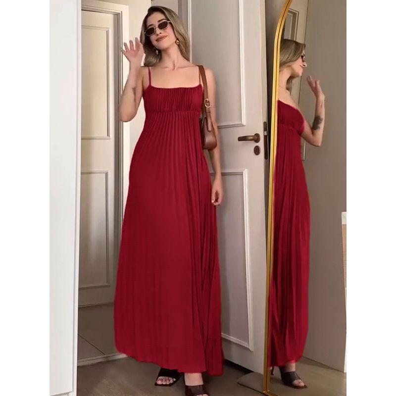 In Stock 2025 Summer New Arrival Europe and America Cross Border Suspender Skirt Women's Clothing Sexy Silm Elegant Pleated Dress Women's